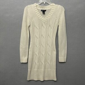VTG Y2K Sweater Body Central Short Dress Cable Knit Cream V-Neck Preppy Gilmore